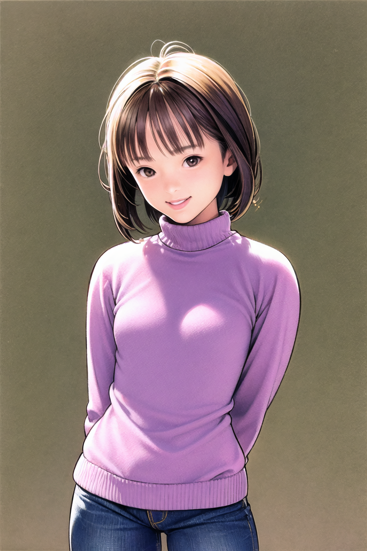 04653-1800864349-1girl, solo, short hair, brown hair, brown eyes, pants, turtleneck, smile, sweater, arms behind back, jeans, denim, long sleeves.png